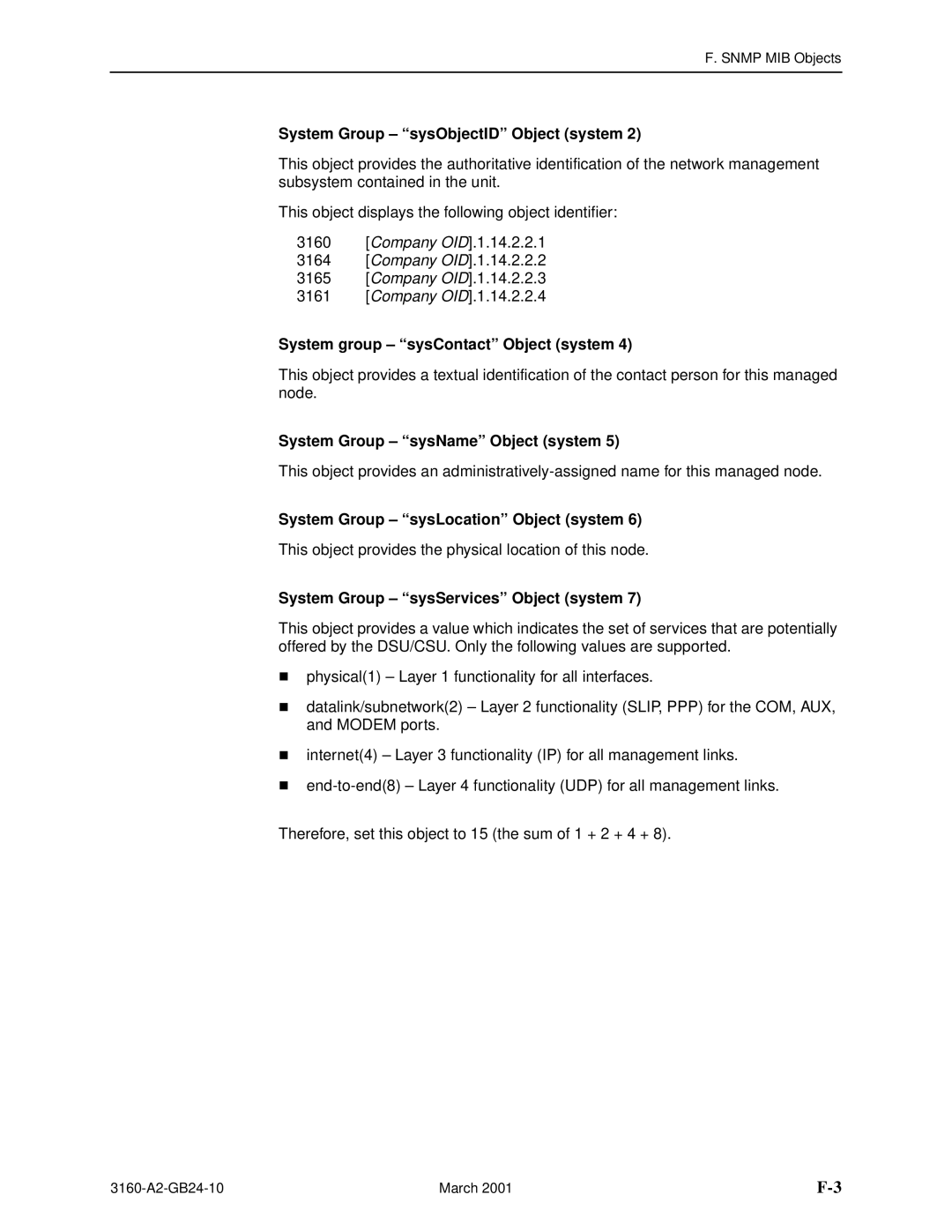 Paradyne and 3165-A4, 3160-A4, 3161 manual System Group sysObjectID Object system, System group sysContact Object system 