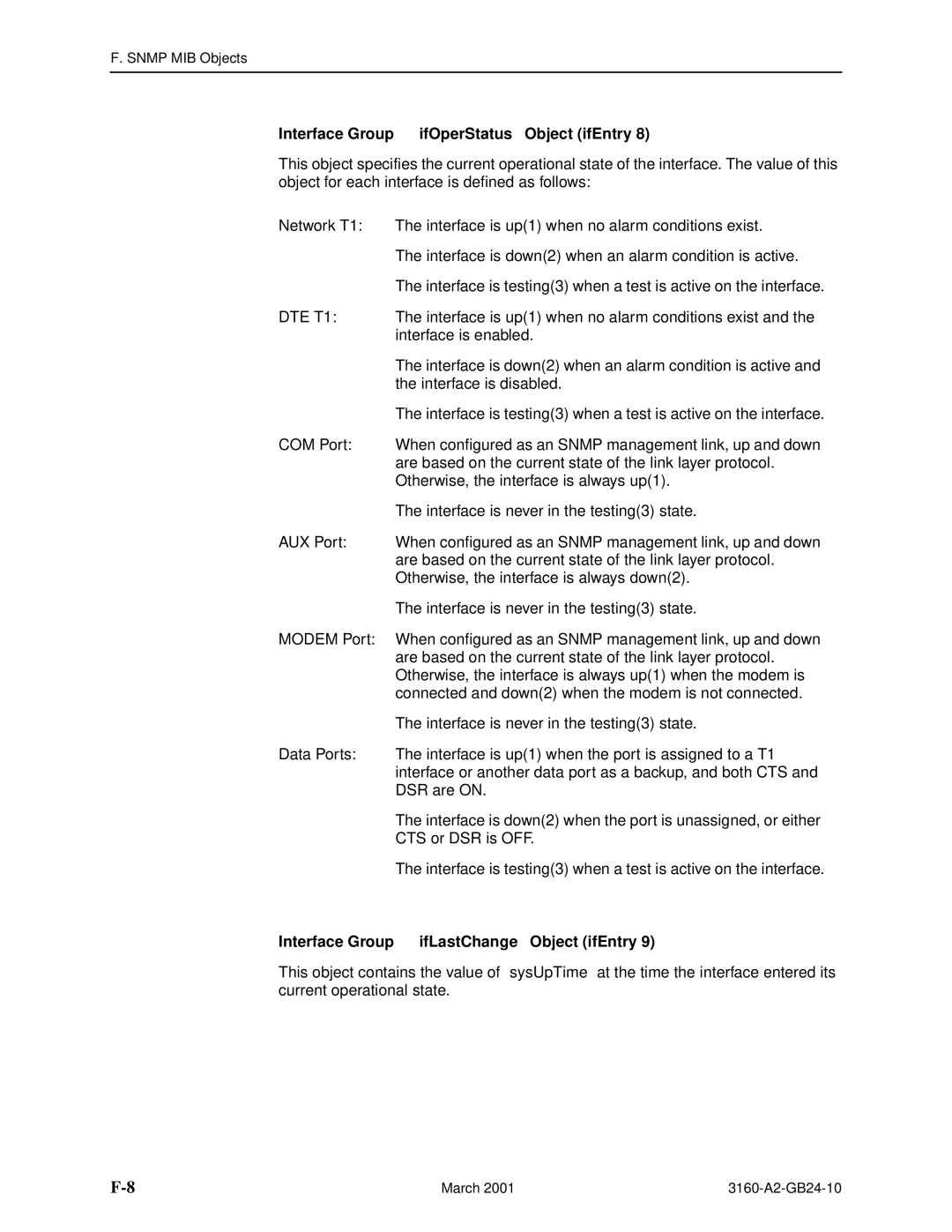 Paradyne 3161, and 3165-A4 manual Interface Group ifOperStatus Object ifEntry, Interface Group ifLastChange Object ifEntry 