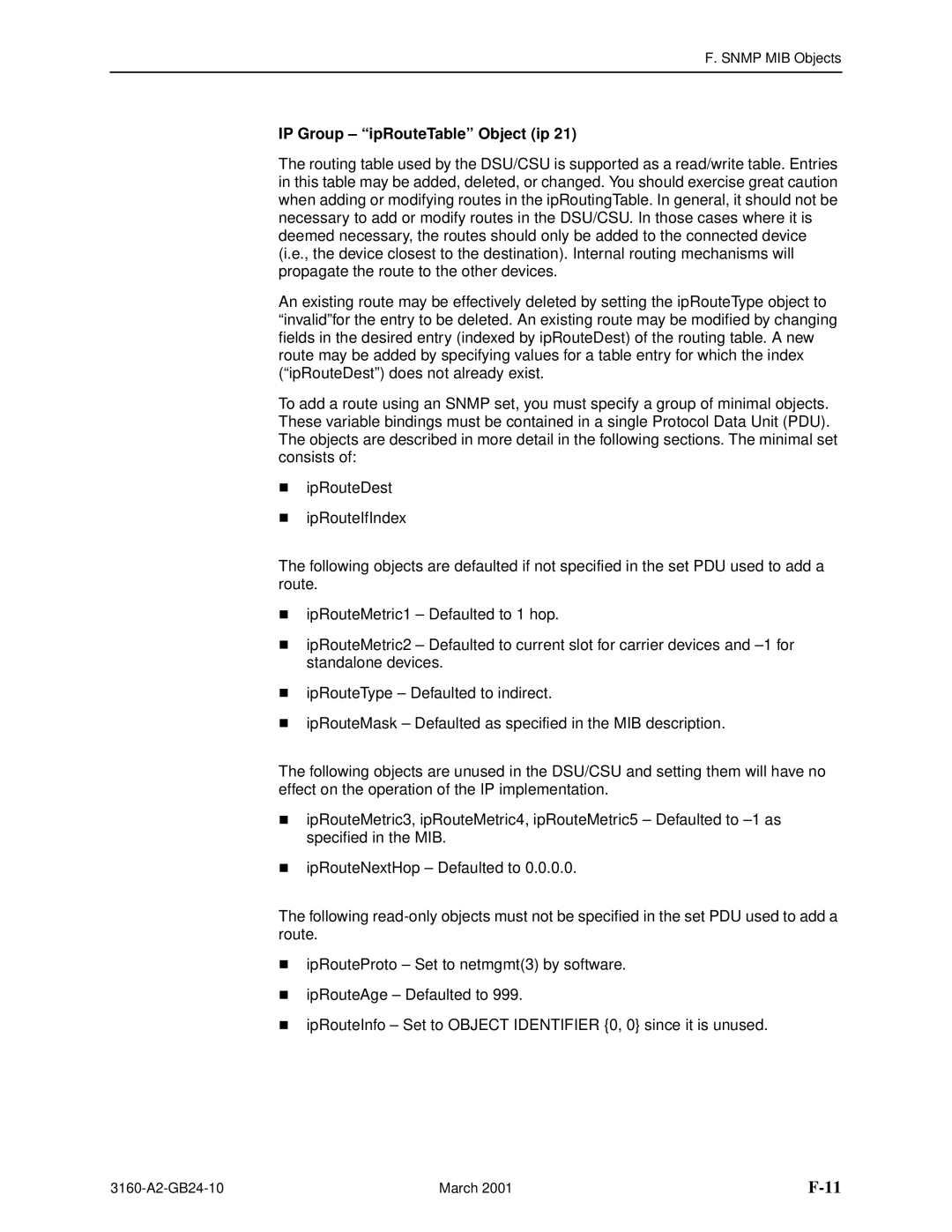 Paradyne 3161, and 3165-A4, 3160-A4 manual IP Group ipRouteTable Object ip 