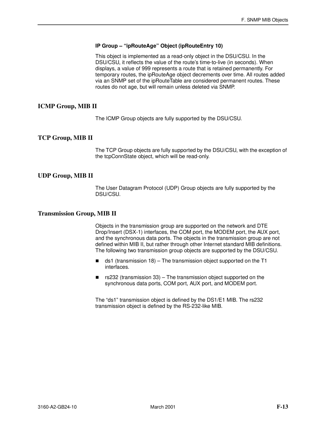 Paradyne 3160-A4, and 3165-A4, 3161 manual Icmp Group, MIB, TCP Group, MIB, UDP Group, MIB, Transmission Group, MIB 