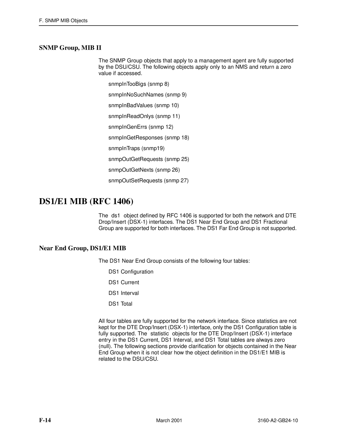 Paradyne 3161, and 3165-A4, 3160-A4 manual DS1/E1 MIB RFC, Snmp Group, MIB, Near End Group, DS1/E1 MIB 