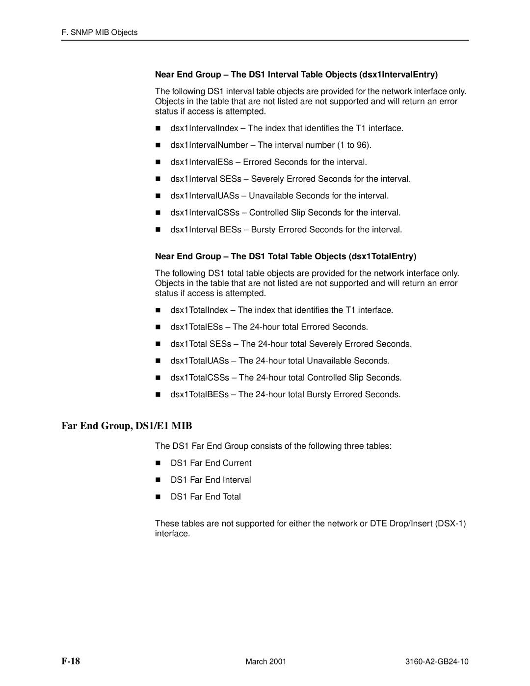 Paradyne and 3165-A4, 3160-A4, 3161 Far End Group, DS1/E1 MIB, Near End Group The DS1 Total Table Objects dsx1TotalEntry 