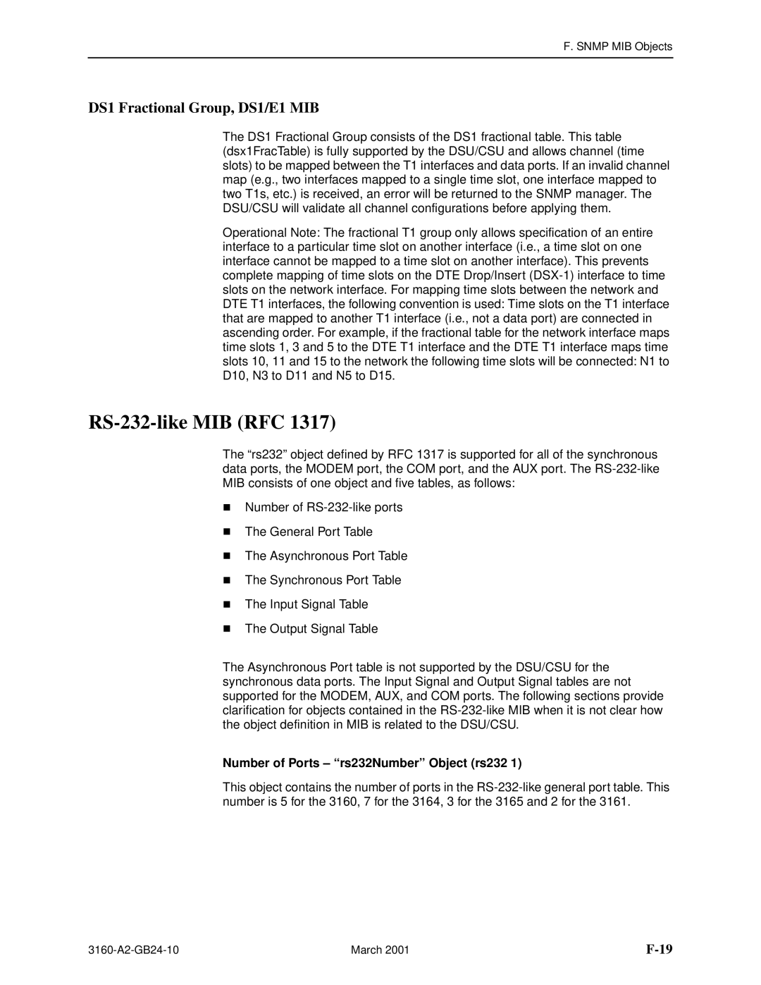 Paradyne 3160-A4, 3161 RS-232-like MIB RFC, DS1 Fractional Group, DS1/E1 MIB, Number of Ports rs232Number Object rs232 