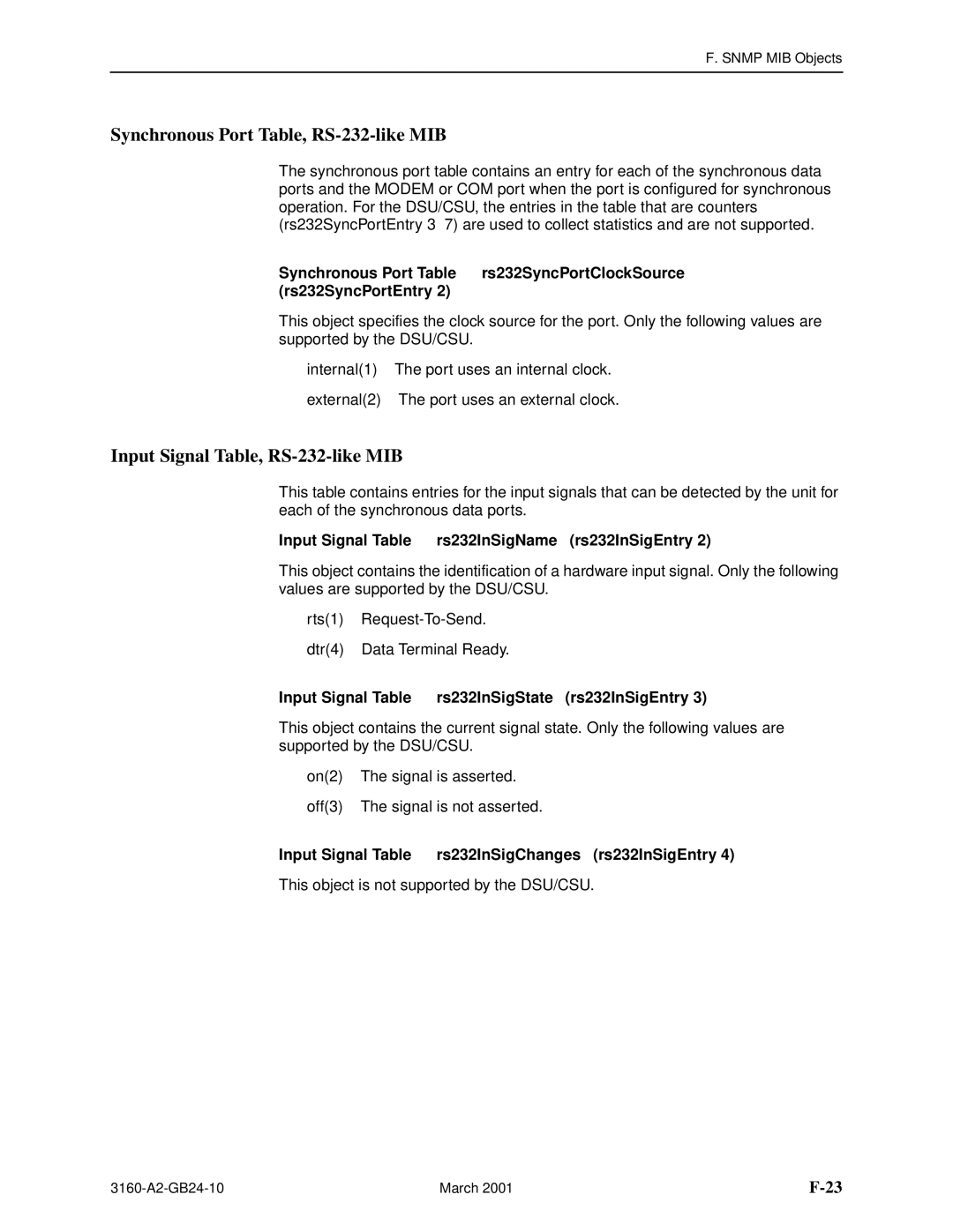 Paradyne 3161, and 3165-A4, 3160-A4 manual Synchronous Port Table, RS-232-like MIB, Input Signal Table, RS-232-like MIB 