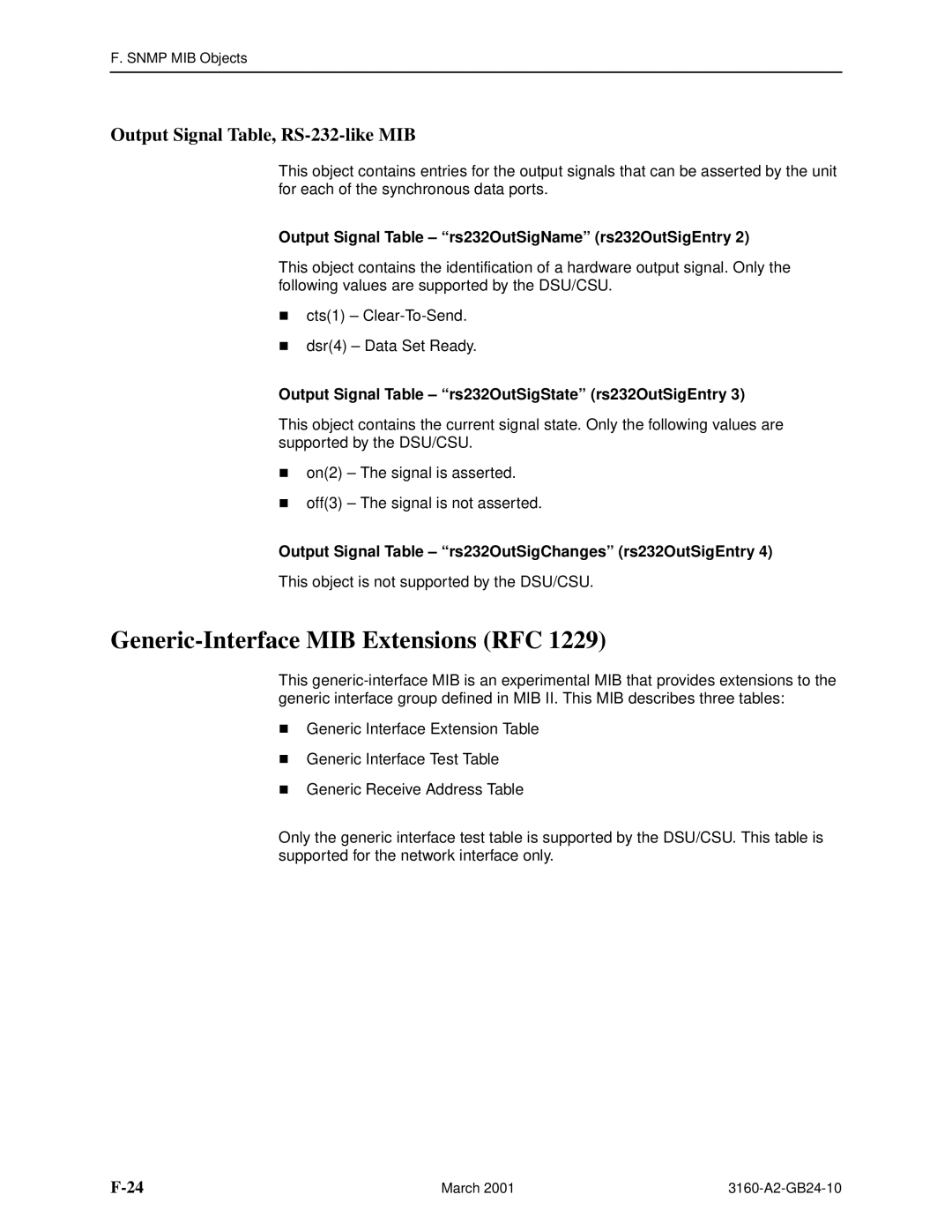 Paradyne and 3165-A4, 3160-A4, 3161 manual Generic-Interface MIB Extensions RFC, Output Signal Table, RS-232-like MIB 