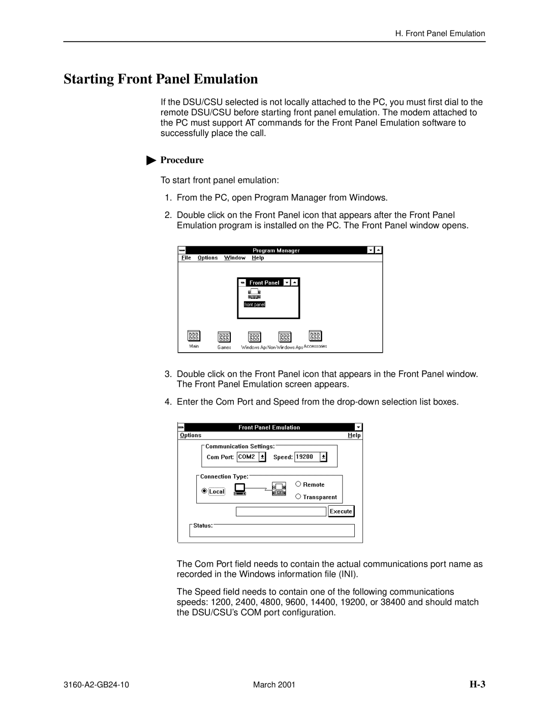 Paradyne 3160-A4, and 3165-A4, 3161 manual Starting Front Panel Emulation 