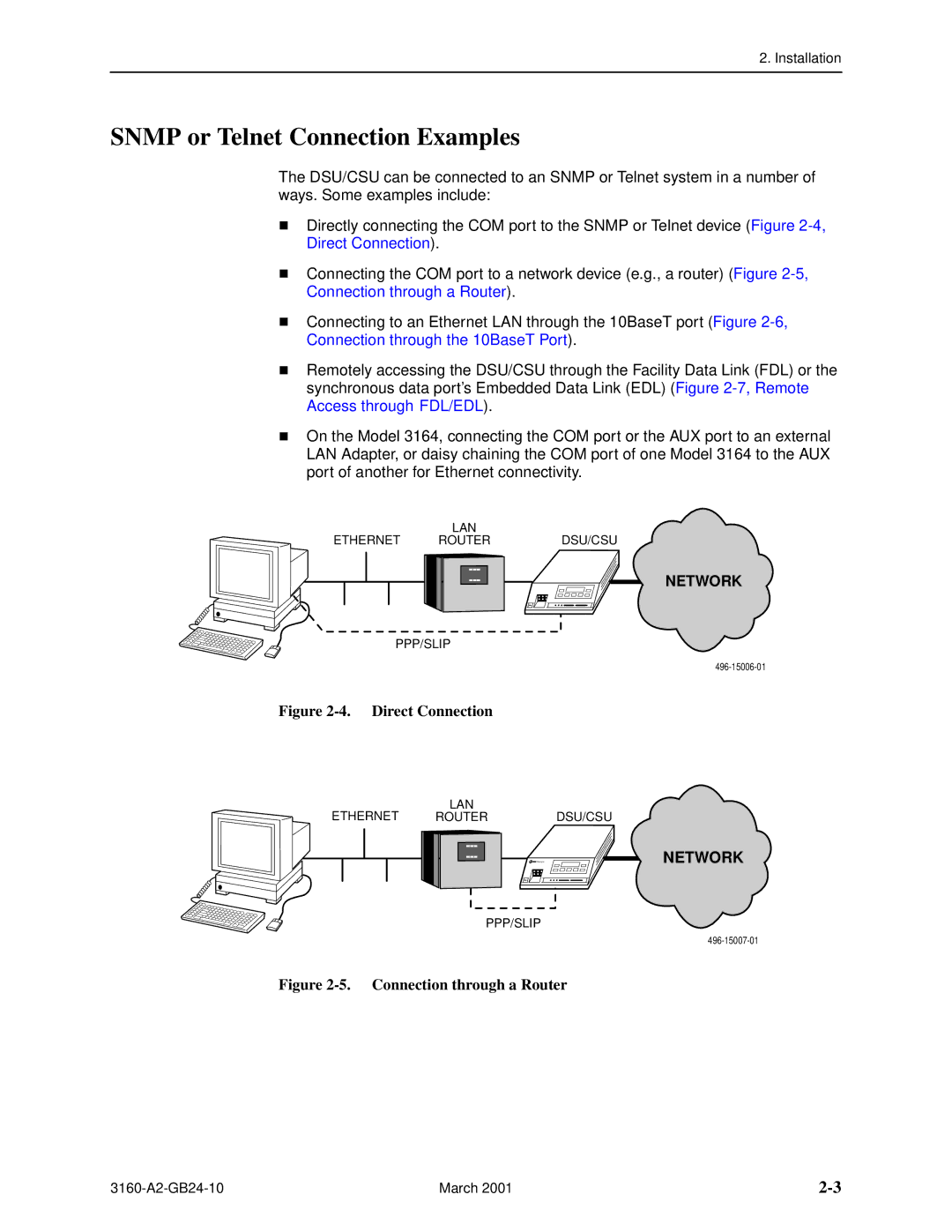 Paradyne 3161, and 3165-A4, 3160-A4 manual Snmp or Telnet Connection Examples, Direct Connection 