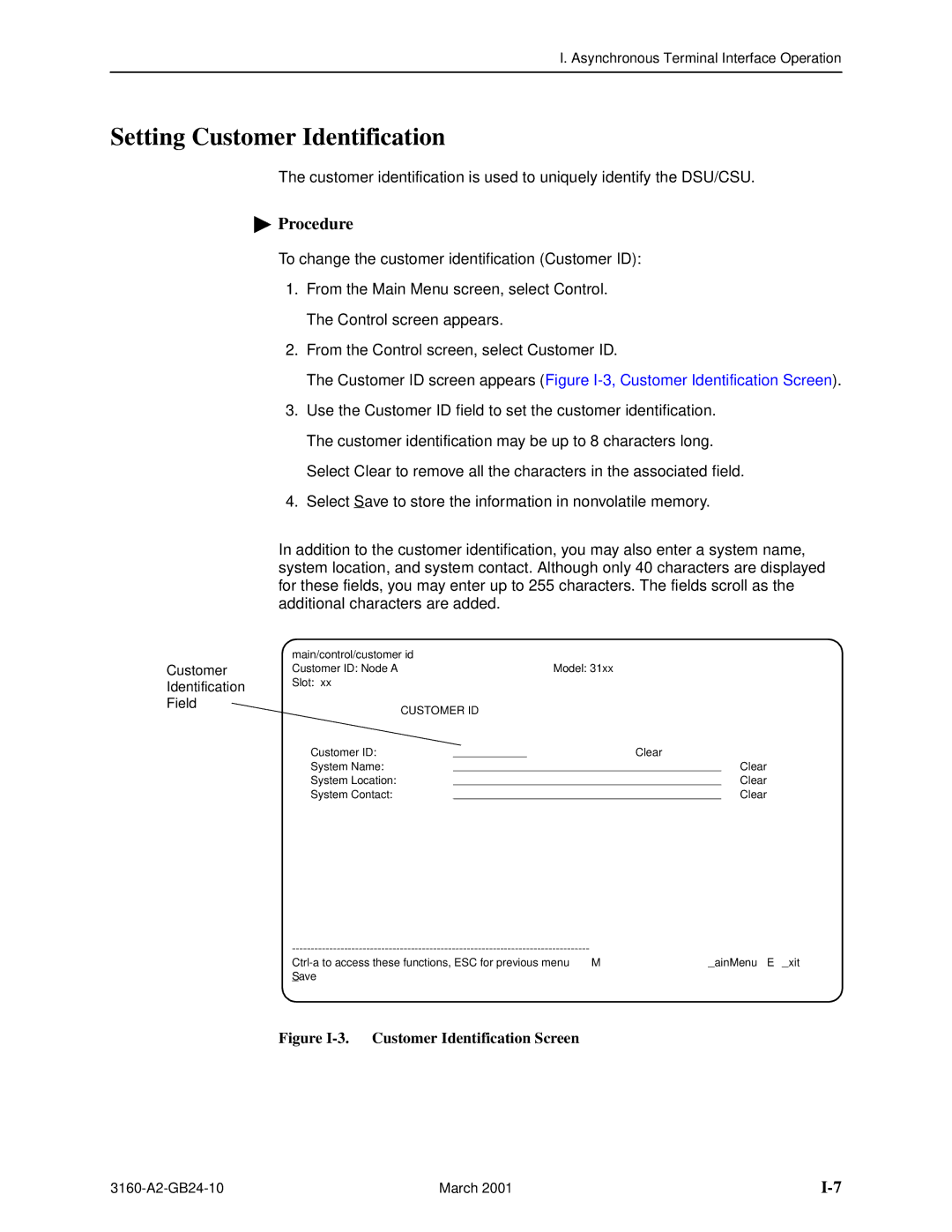 Paradyne and 3165-A4, 3160-A4, 3161 manual Customer, Identification, Field 