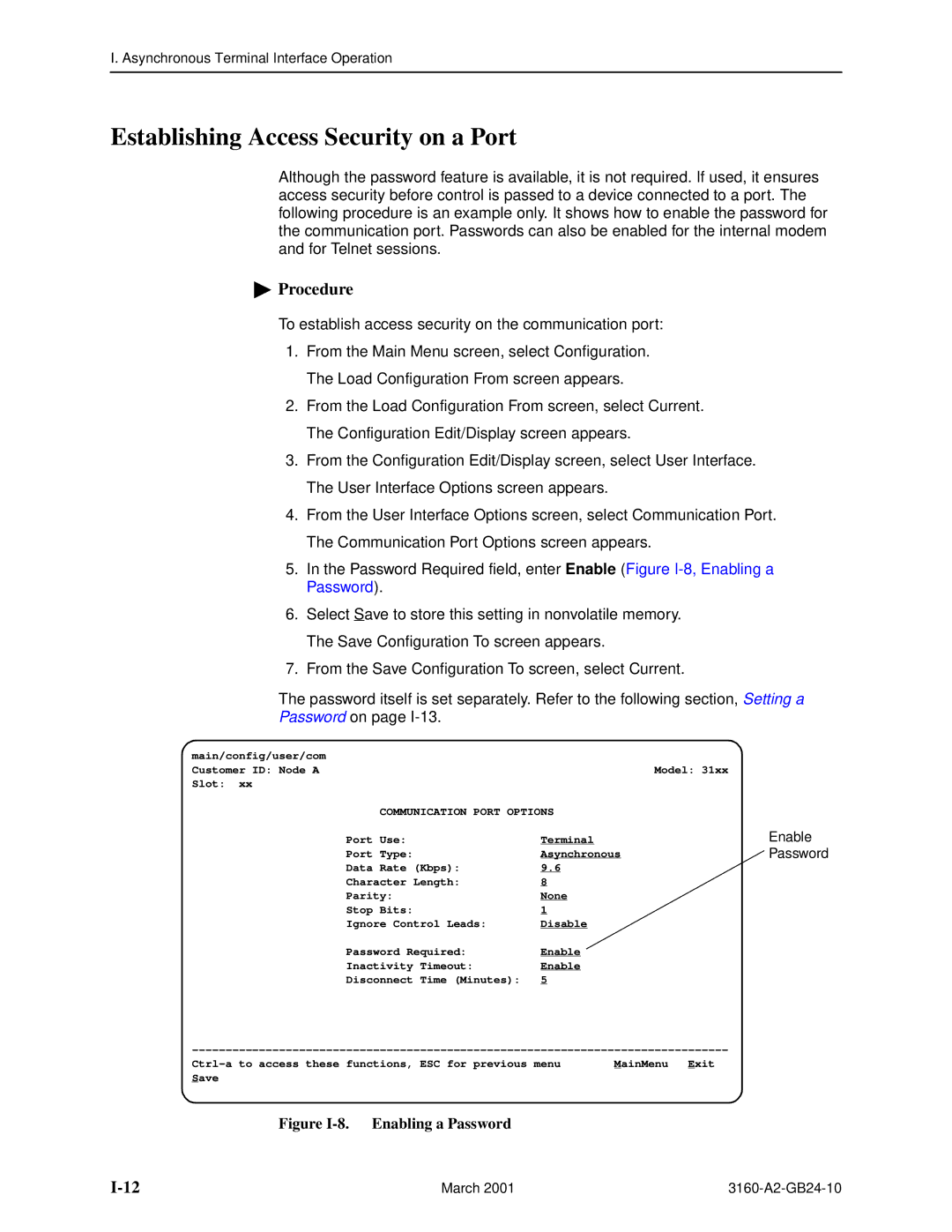 Paradyne 3161, and 3165-A4, 3160-A4 manual Figure I-8. Enabling a Password, Enable 