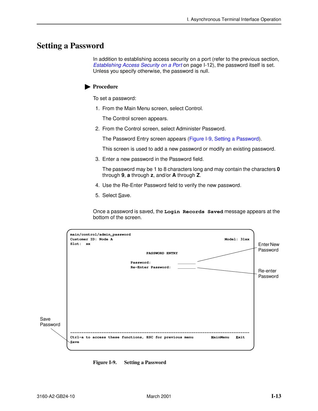 Paradyne and 3165-A4, 3160-A4, 3161 manual Figure I-9. Setting a Password 