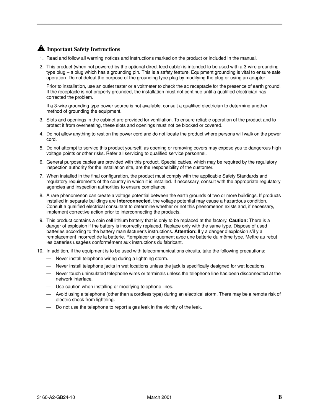 Paradyne and 3165-A4, 3160-A4, 3161 manual Important Safety Instructions 