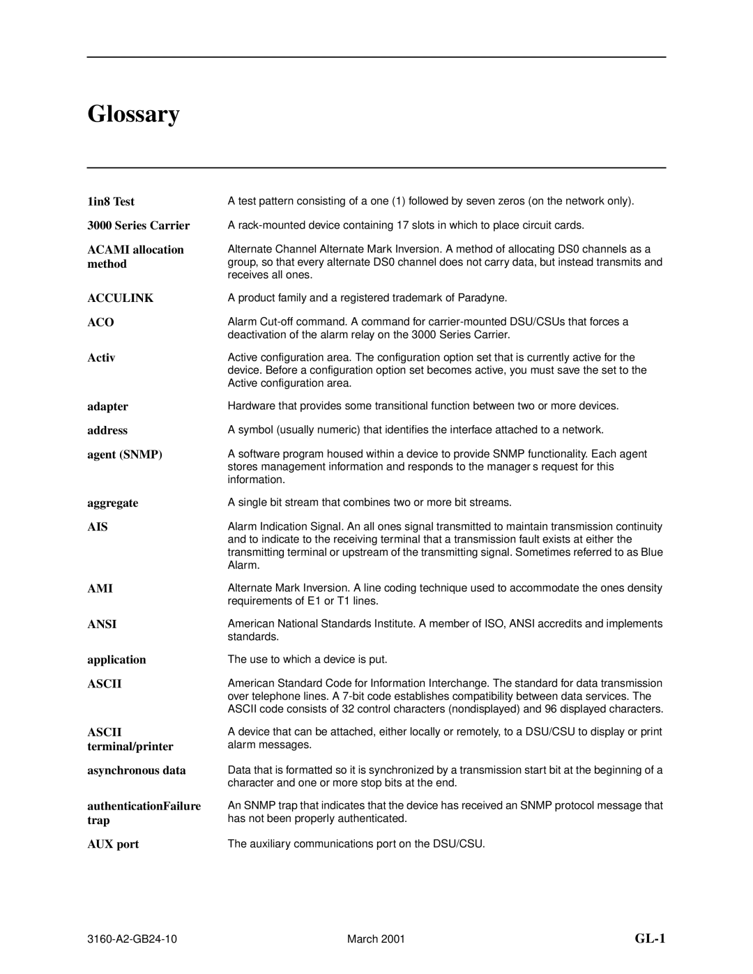 Paradyne 3160-A4 Glossary, 1in8 Test Series Carrier Acami allocation method, Activ Adapter address agent Snmp Aggregate 