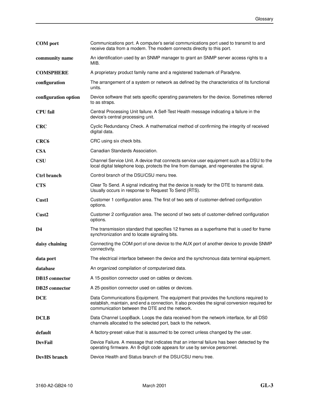 Paradyne and 3165-A4 COM port, Community name, Configuration option, CPU fail, Ctrl branch, Cust1, Cust2, Data port 