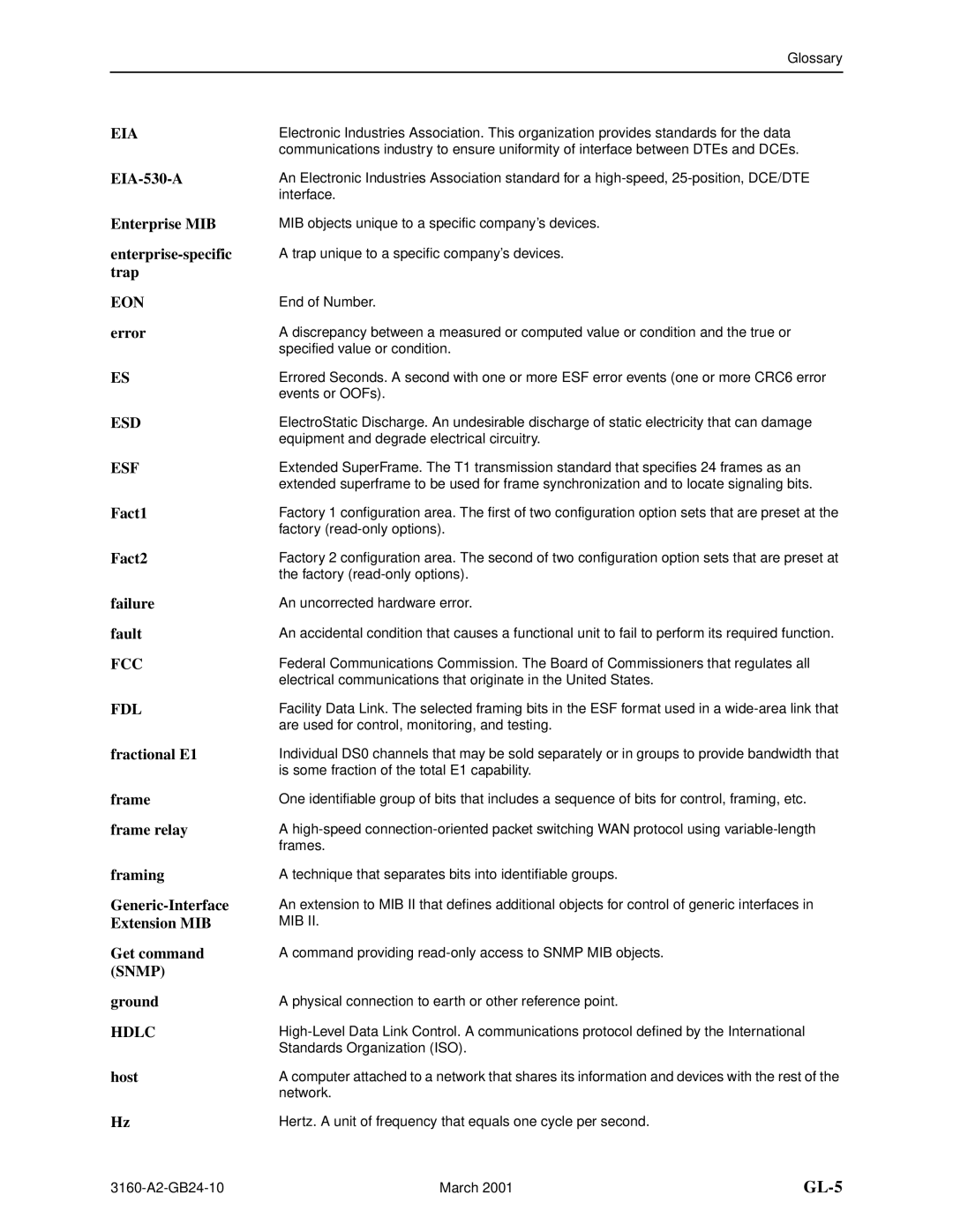 Paradyne 3161 EIA-530-A, Enterprise MIB, Enterprise-specific, Trap, Error, Fact1, Fact2, Failure, Fault, Fractional E1 