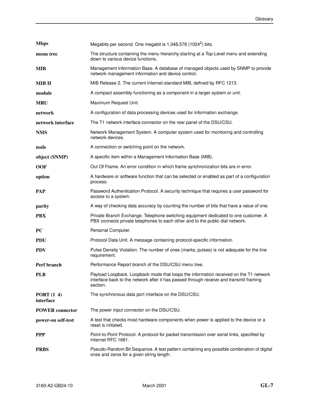 Paradyne 3160-A4, 3161 Mbps menu tree, MIB II module MRU network network interface, Node Object Snmp OOF option, Parity 