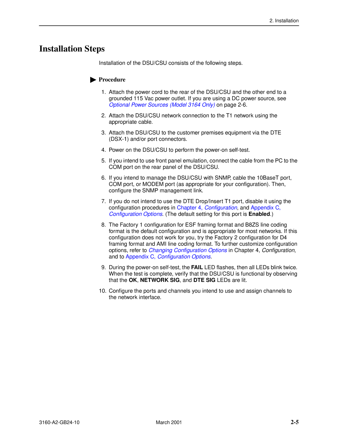 Paradyne 3160-A4, and 3165-A4, 3161 manual Installation Steps, Procedure 