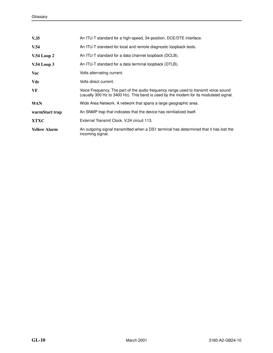 Paradyne 3160-A4, and 3165-A4, 3161 manual Loop, Vac, Vdc, WarmStart trap, Yellow Alarm 