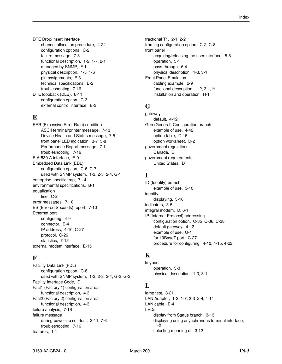 Paradyne 3160-A4, and 3165-A4, 3161 manual IN-3 