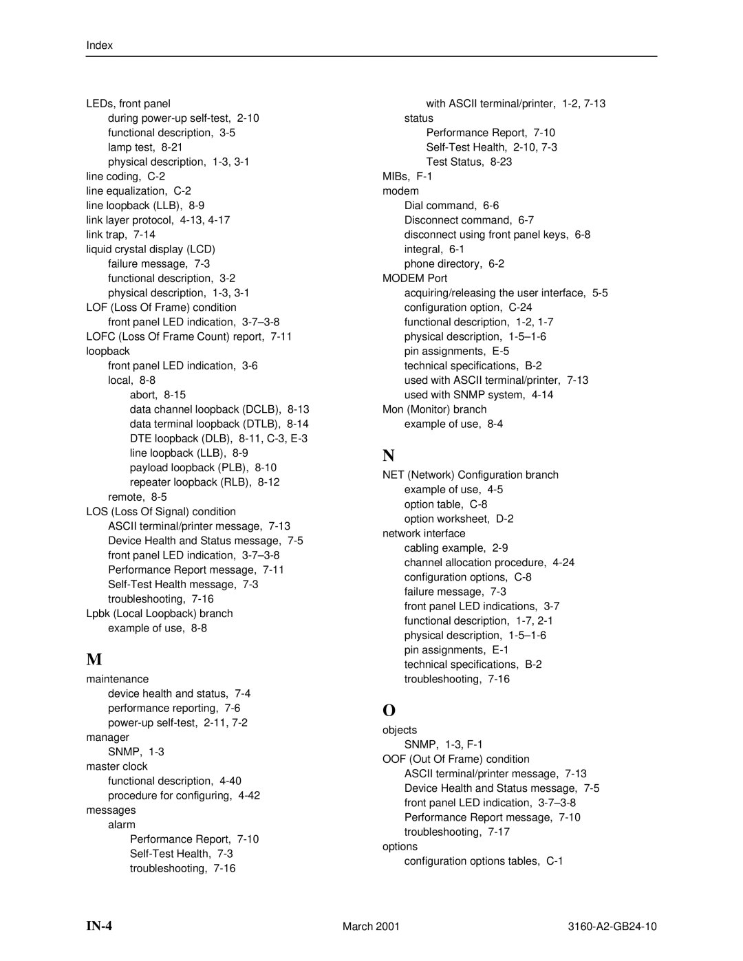 Paradyne 3161, and 3165-A4, 3160-A4 manual IN-4 