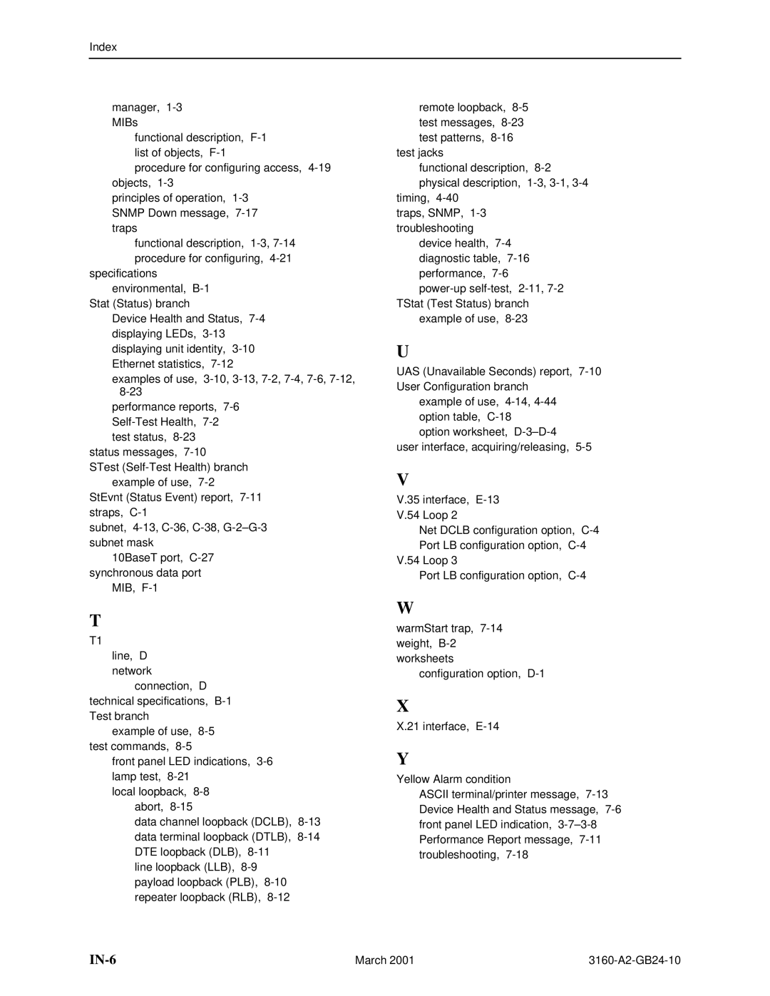 Paradyne 3160-A4, and 3165-A4, 3161 manual IN-6 