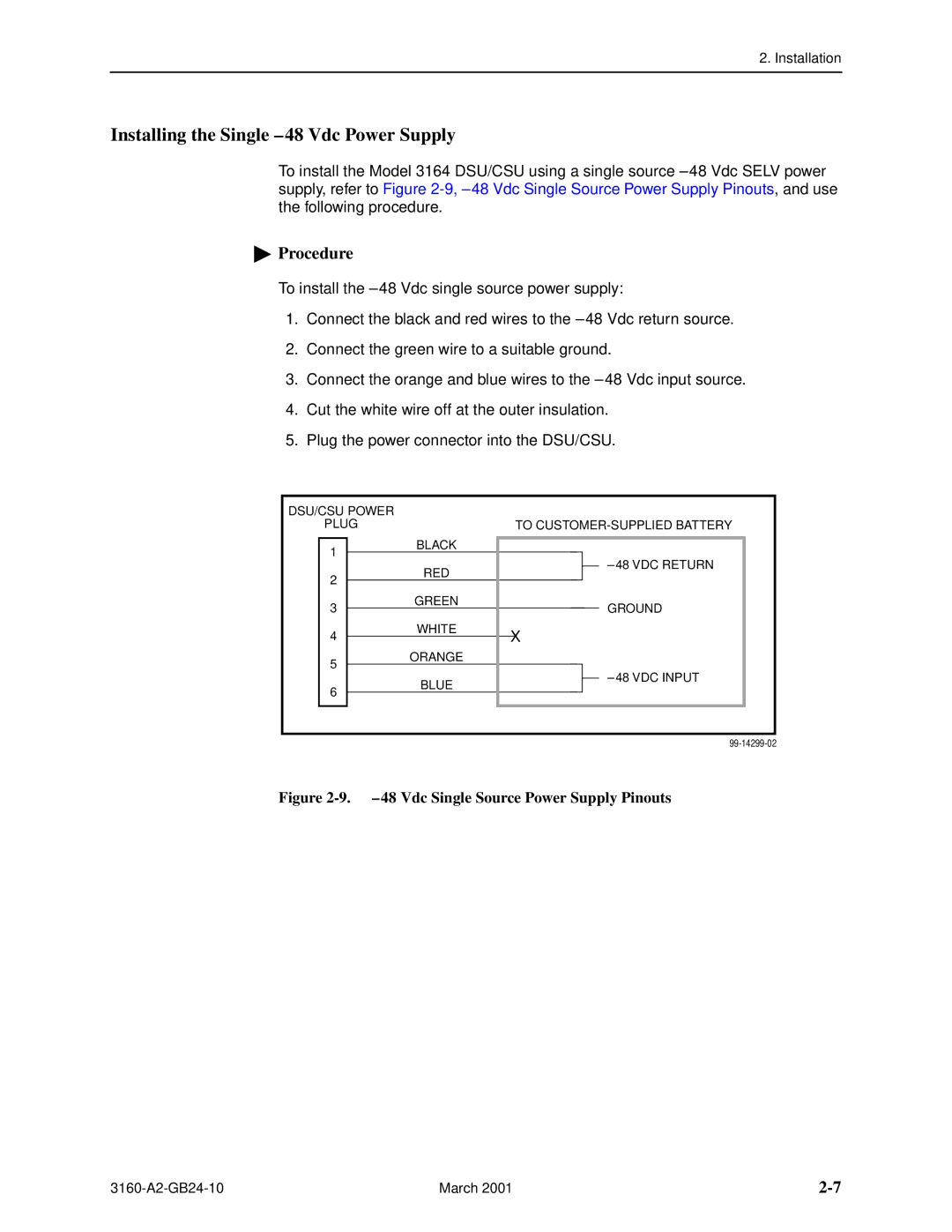 Paradyne and 3165-A4, 3160-A4, 3161 manual Installing the Single -48 Vdc Power Supply, Vdc Single Source Power Supply Pinouts 