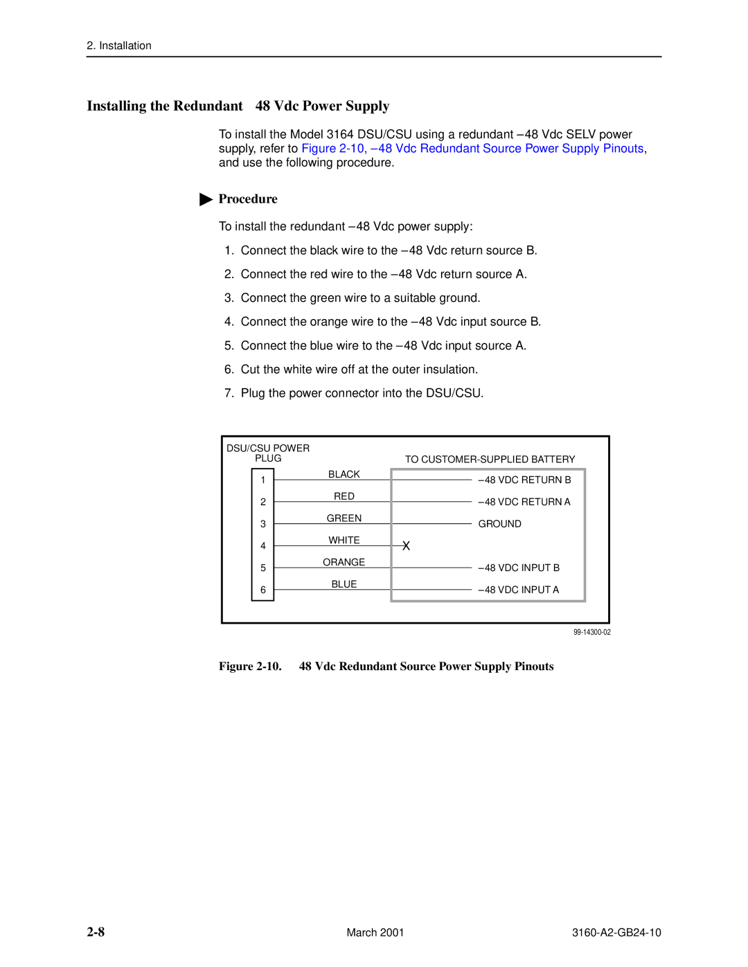 Paradyne 3160-A4, 3161 Installing the Redundant -48 Vdc Power Supply, 10. -48 Vdc Redundant Source Power Supply Pinouts 