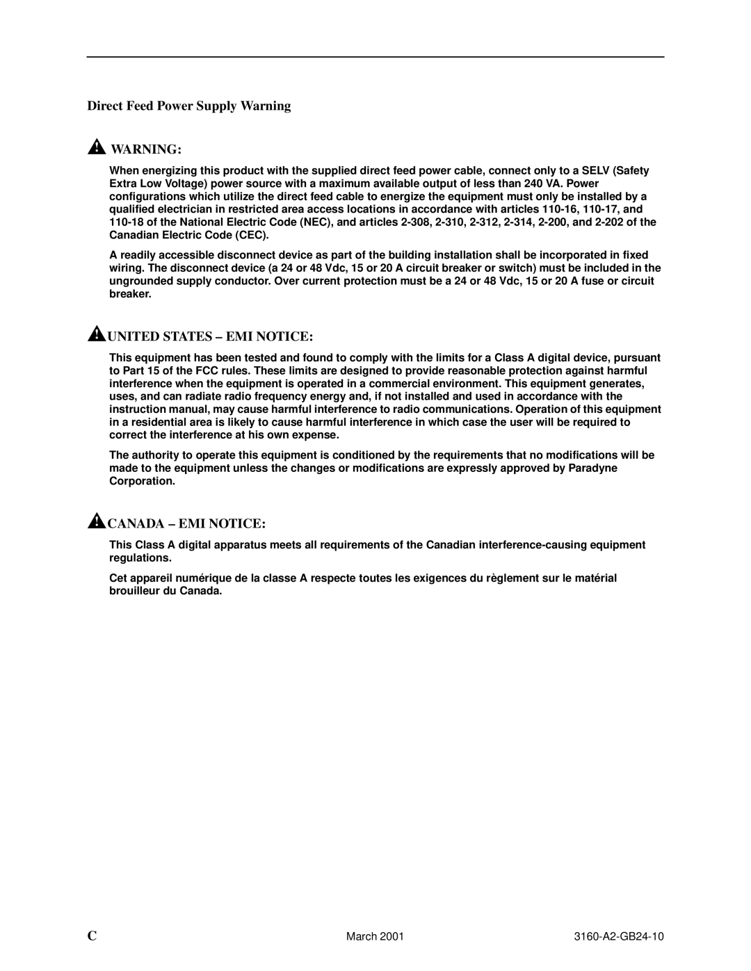 Paradyne 3160-A4, and 3165-A4, 3161 manual United States EMI Notice 