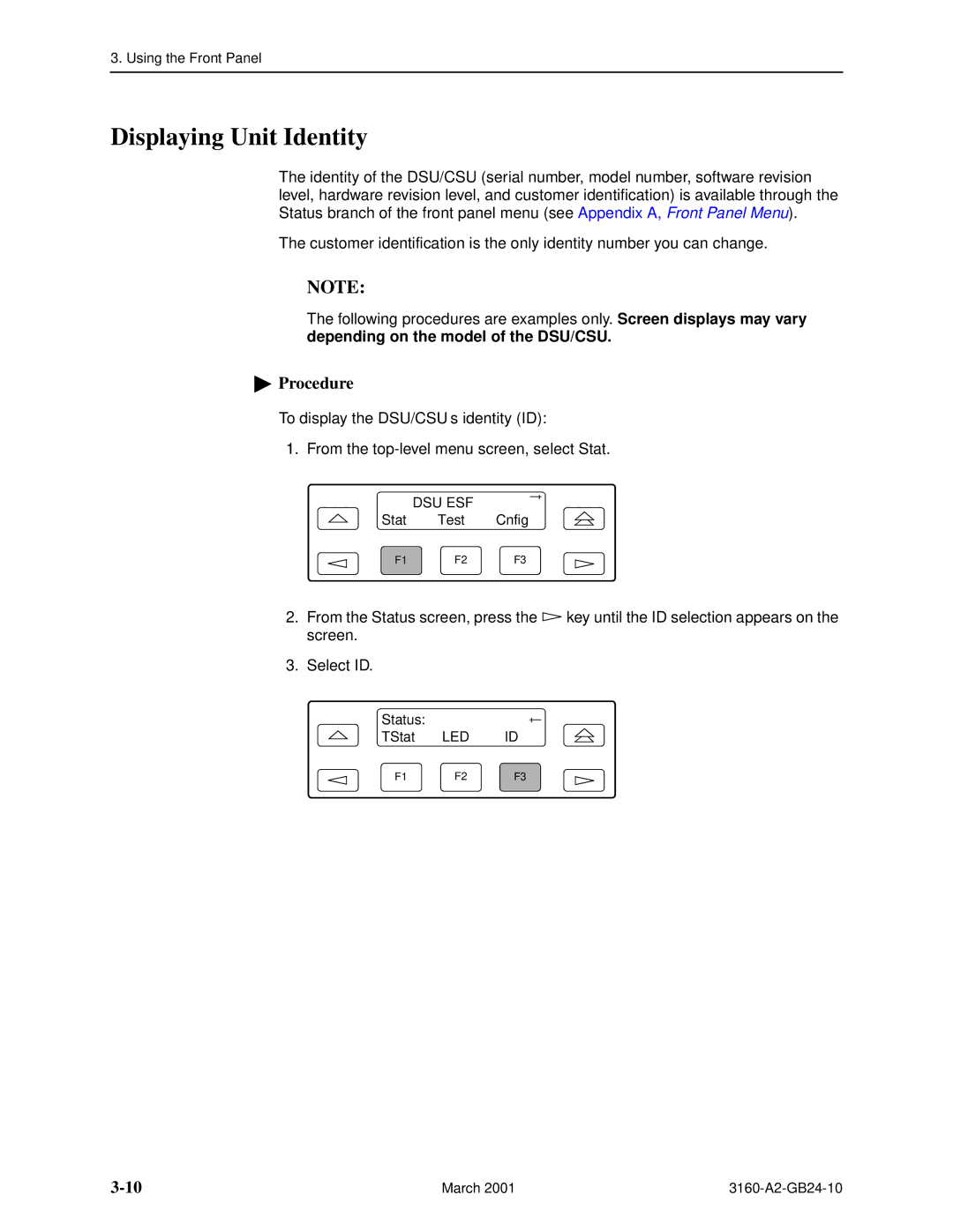 Paradyne and 3165-A4, 3160-A4, 3161 manual Displaying Unit Identity 