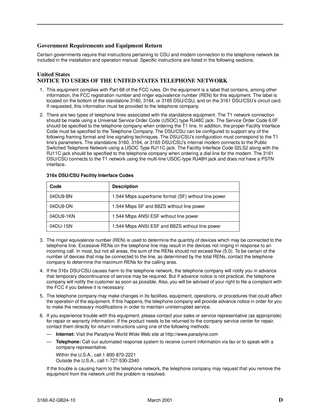 Paradyne 3161, and 3165-A4, 3160-A4 manual Government Requirements and Equipment Return United States 