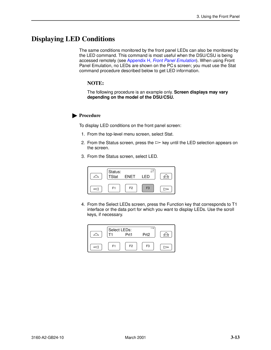 Paradyne and 3165-A4, 3160-A4, 3161 manual Displaying LED Conditions 