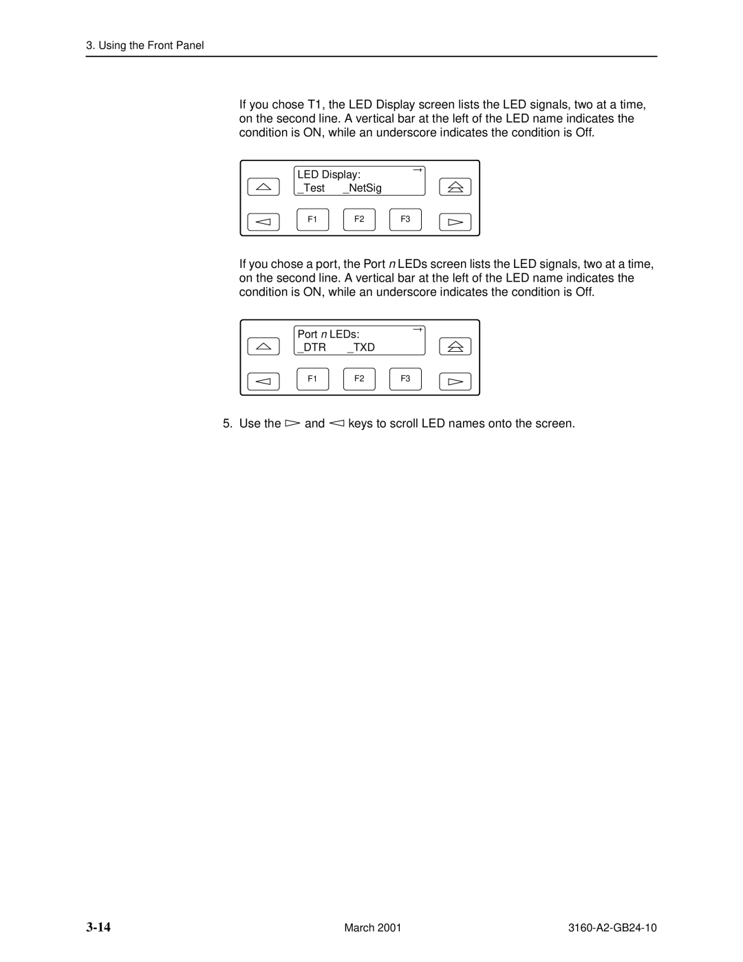 Paradyne 3160-A4, and 3165-A4, 3161 manual Use the and keys to scroll LED names onto the screen 