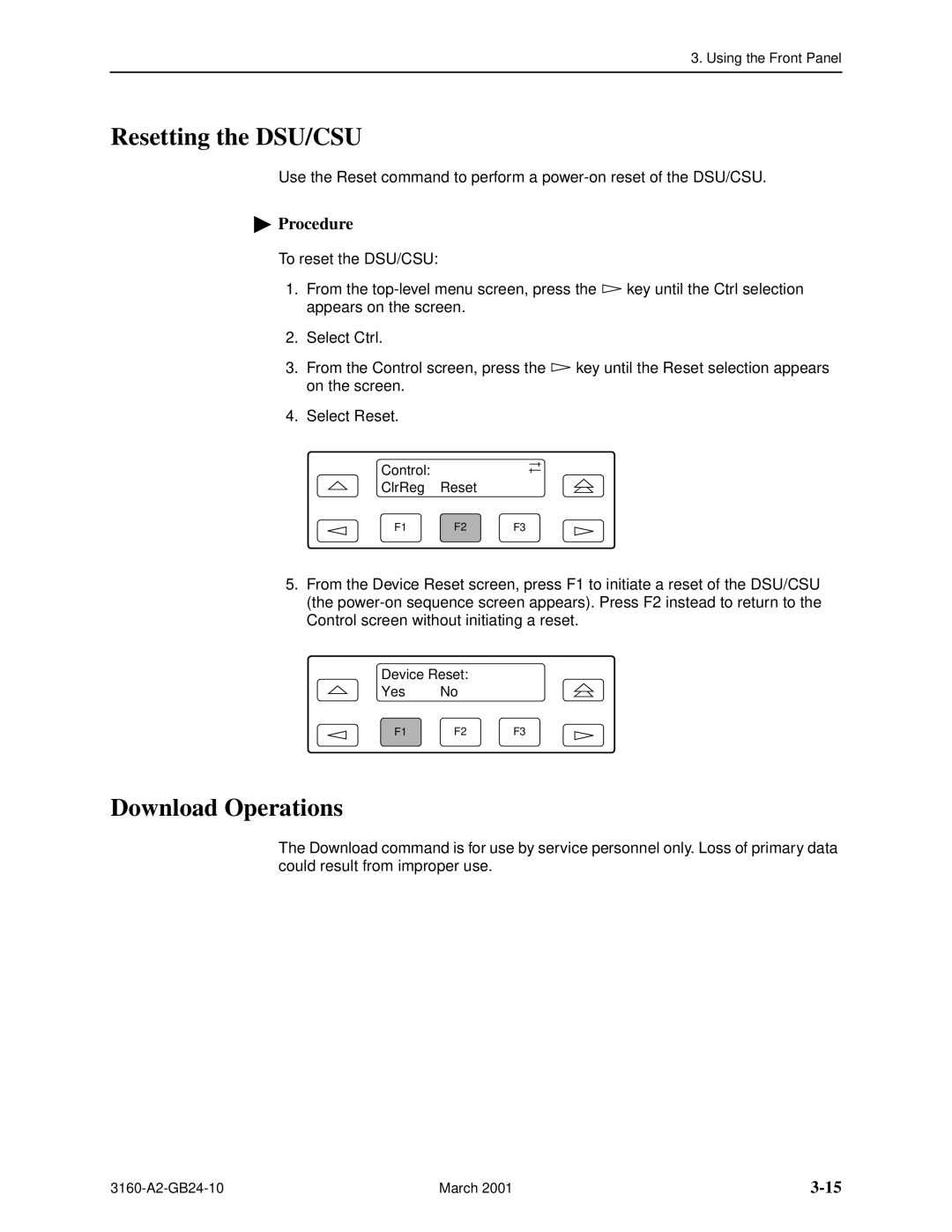 Paradyne 3161, and 3165-A4, 3160-A4 manual Resetting the DSU/CSU, Download Operations 