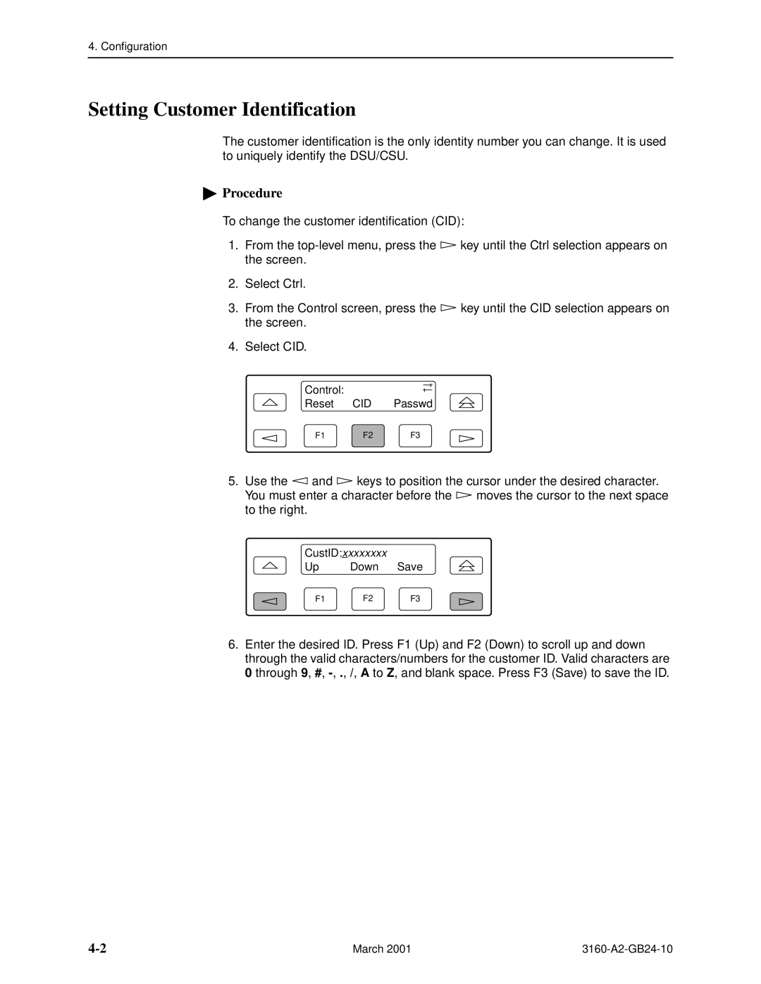 Paradyne 3161, and 3165-A4, 3160-A4 manual Setting Customer Identification 