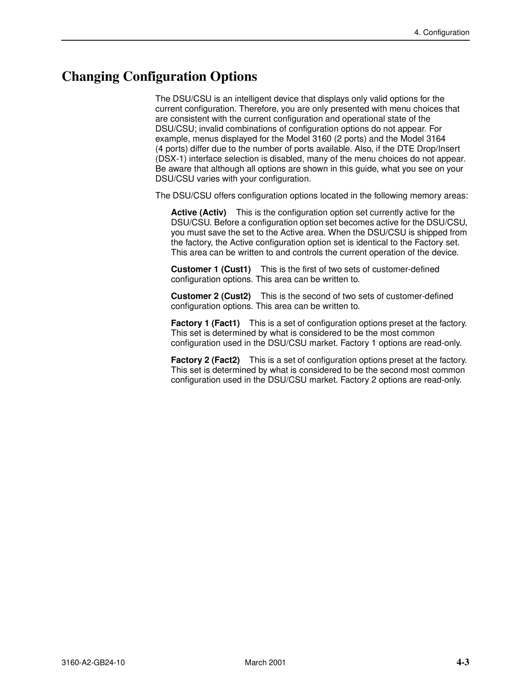 Paradyne and 3165-A4, 3160-A4, 3161 manual Changing Configuration Options 