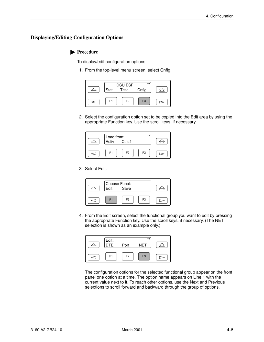 Paradyne 3161, and 3165-A4, 3160-A4 manual Displaying/Editing Configuration Options 