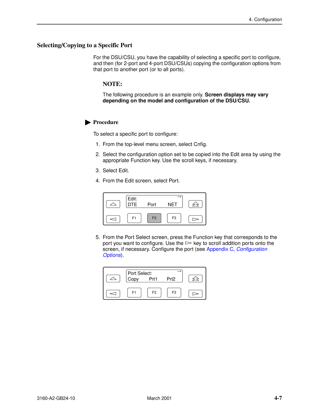 Paradyne 3160-A4, and 3165-A4, 3161 manual Selecting/Copying to a Specific Port 