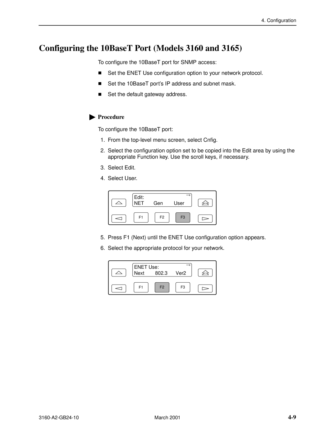 Paradyne and 3165-A4, 3160-A4, 3161 manual Configuring the 10BaseT Port Models 3160 