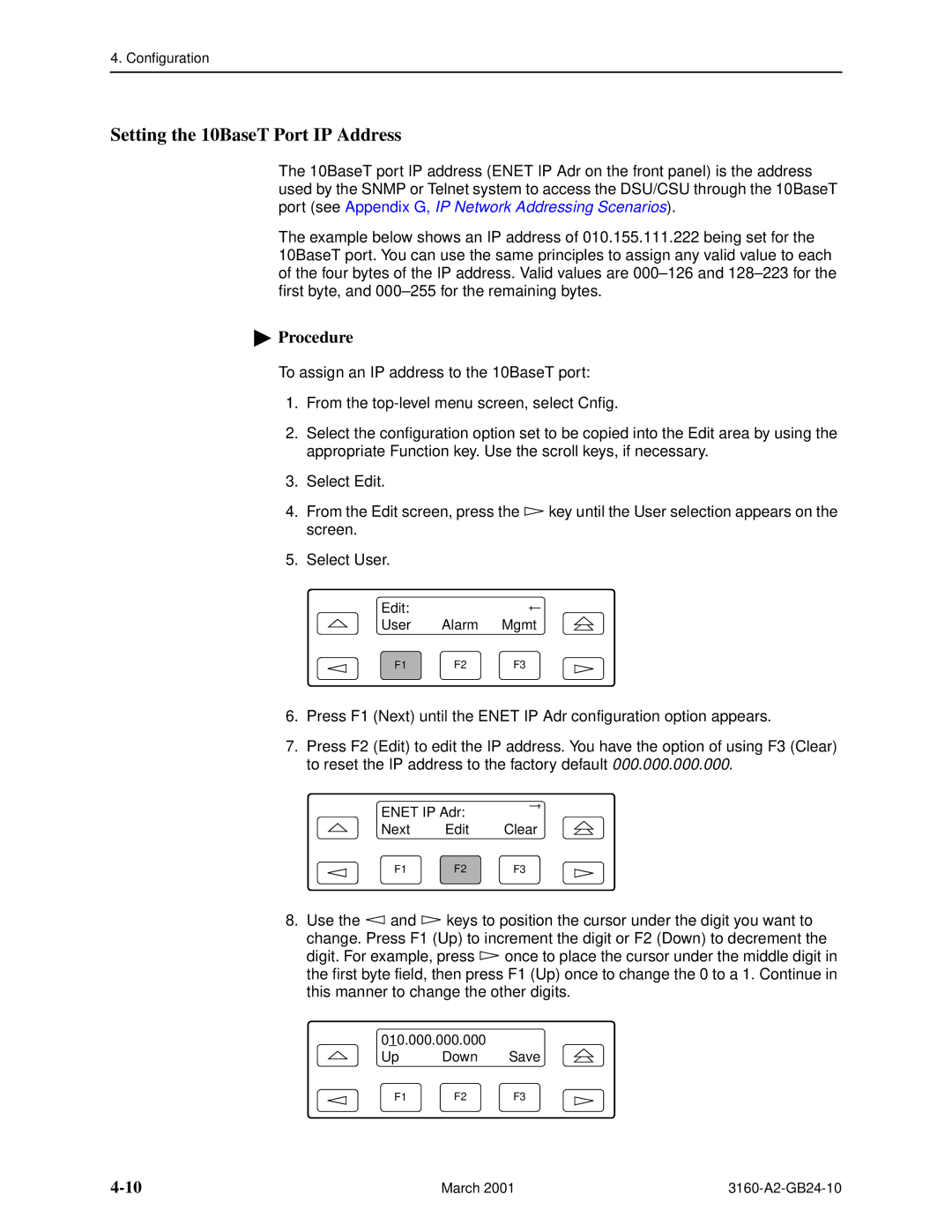 Paradyne 3160-A4, and 3165-A4, 3161 manual Setting the 10BaseT Port IP Address 