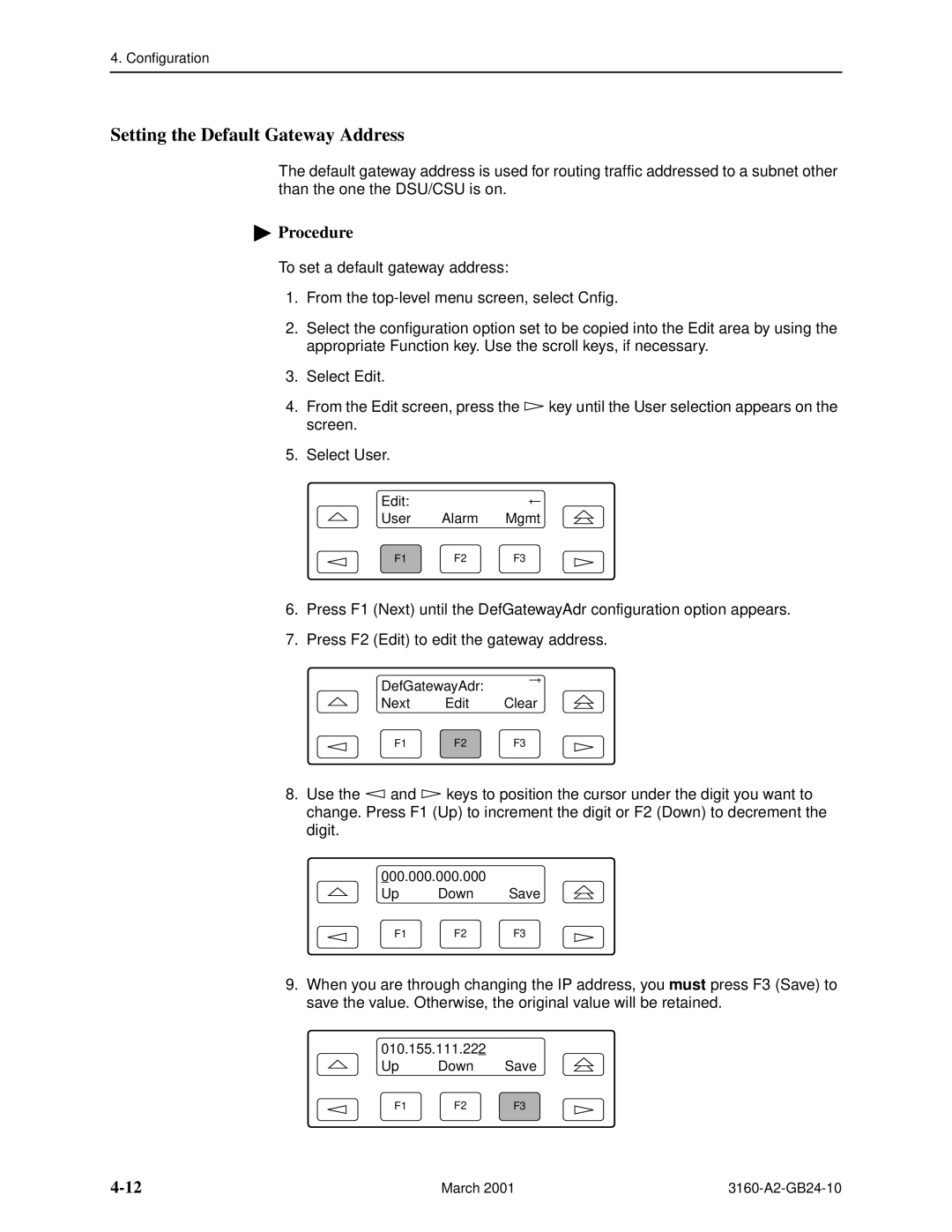 Paradyne and 3165-A4, 3160-A4, 3161 manual Setting the Default Gateway Address 