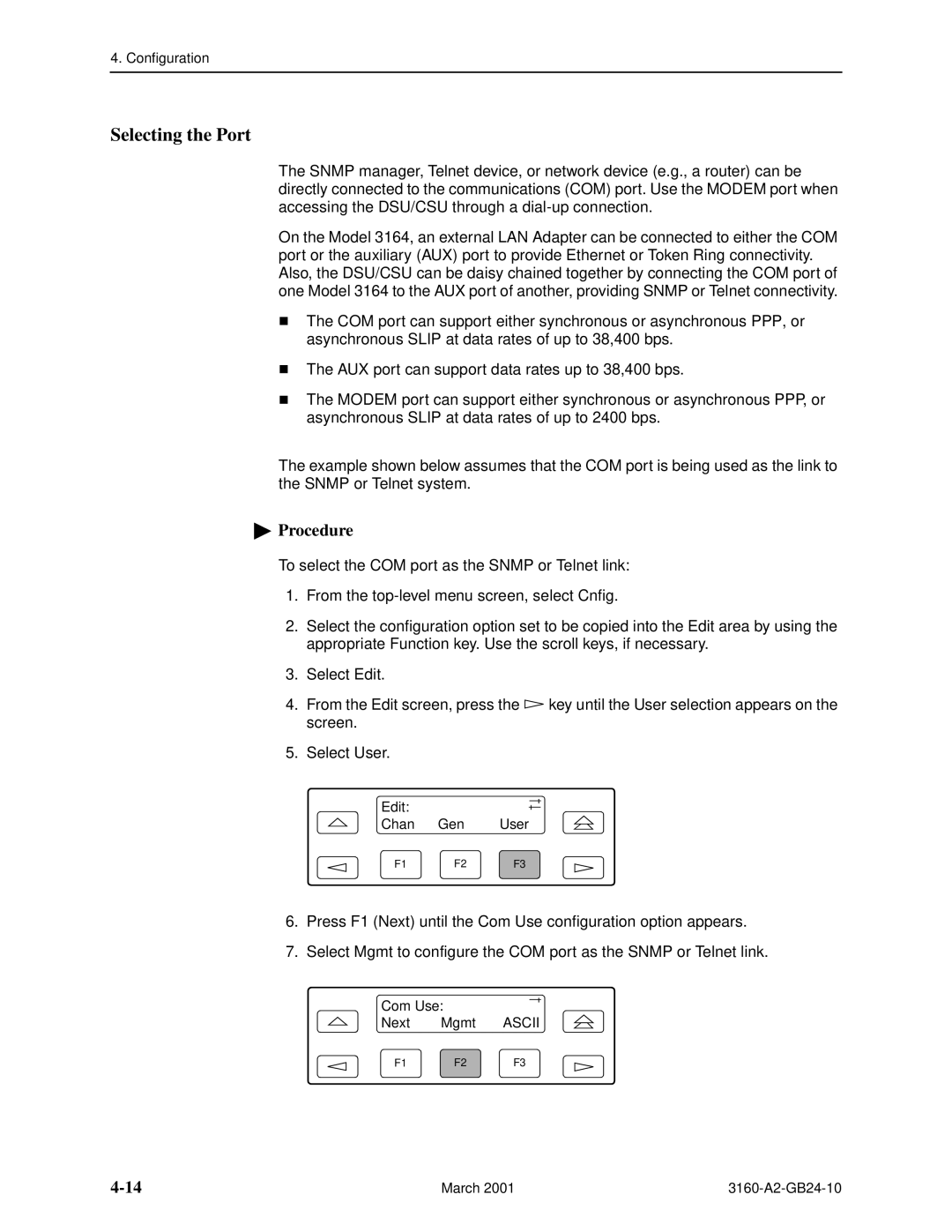 Paradyne 3161, and 3165-A4, 3160-A4 manual Selecting the Port 