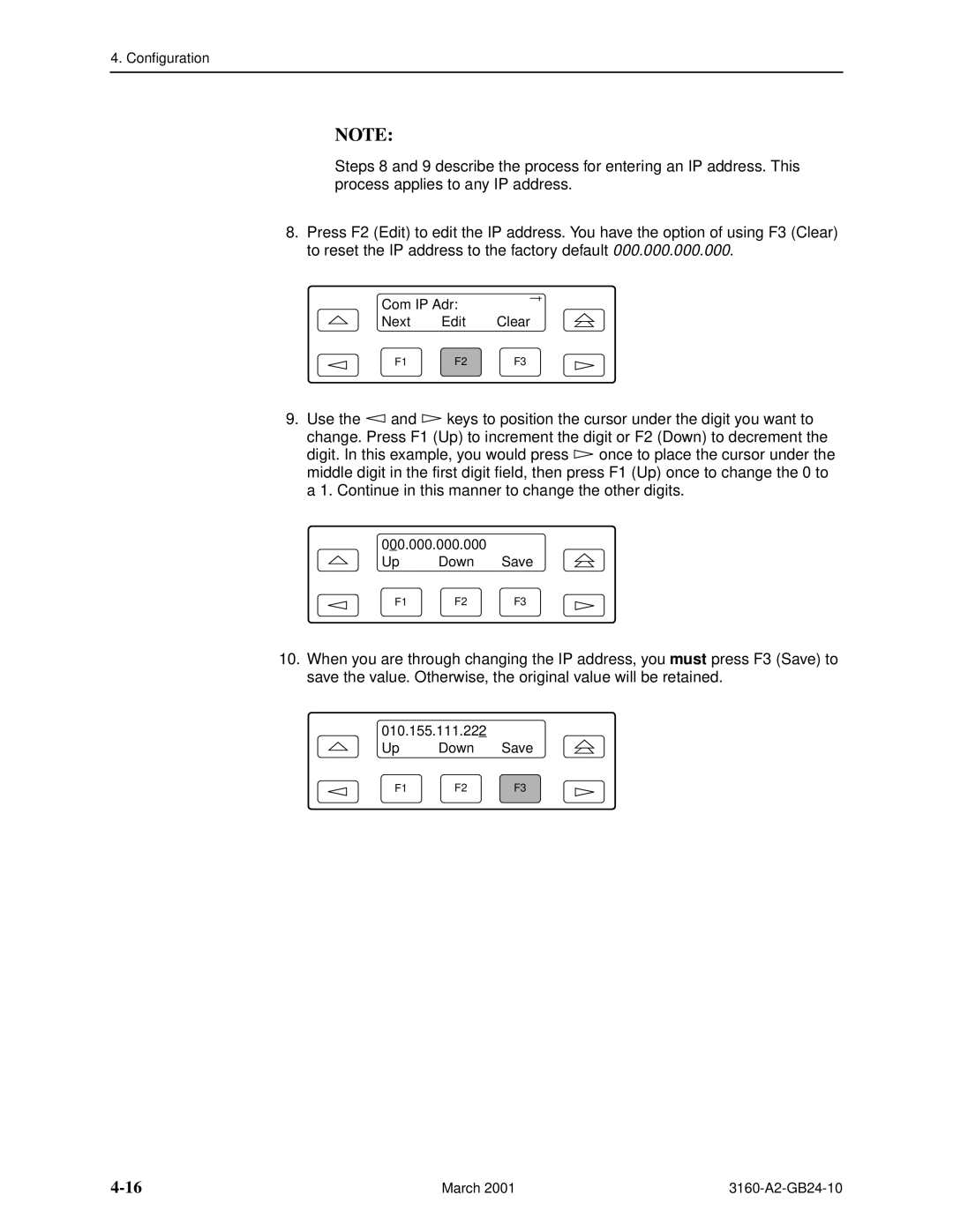 Paradyne 3160-A4, and 3165-A4, 3161 manual Com IP Adr Next Edit Clear 