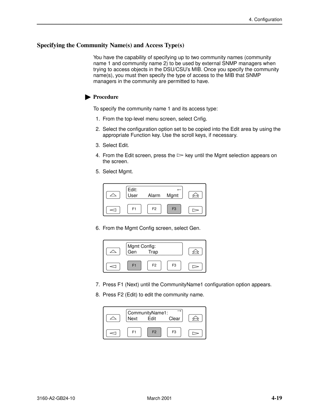 Paradyne 3160-A4, and 3165-A4, 3161 manual Specifying the Community Names and Access Types 