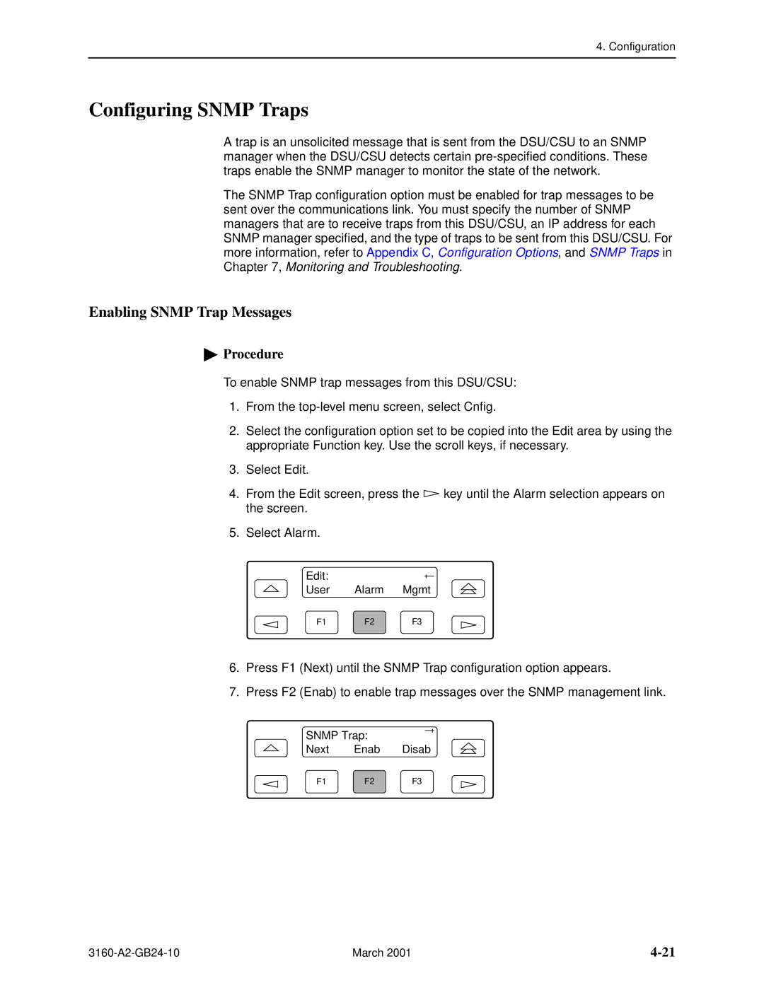 Paradyne and 3165-A4, 3160-A4, 3161 manual Configuring Snmp Traps, Enabling Snmp Trap Messages 