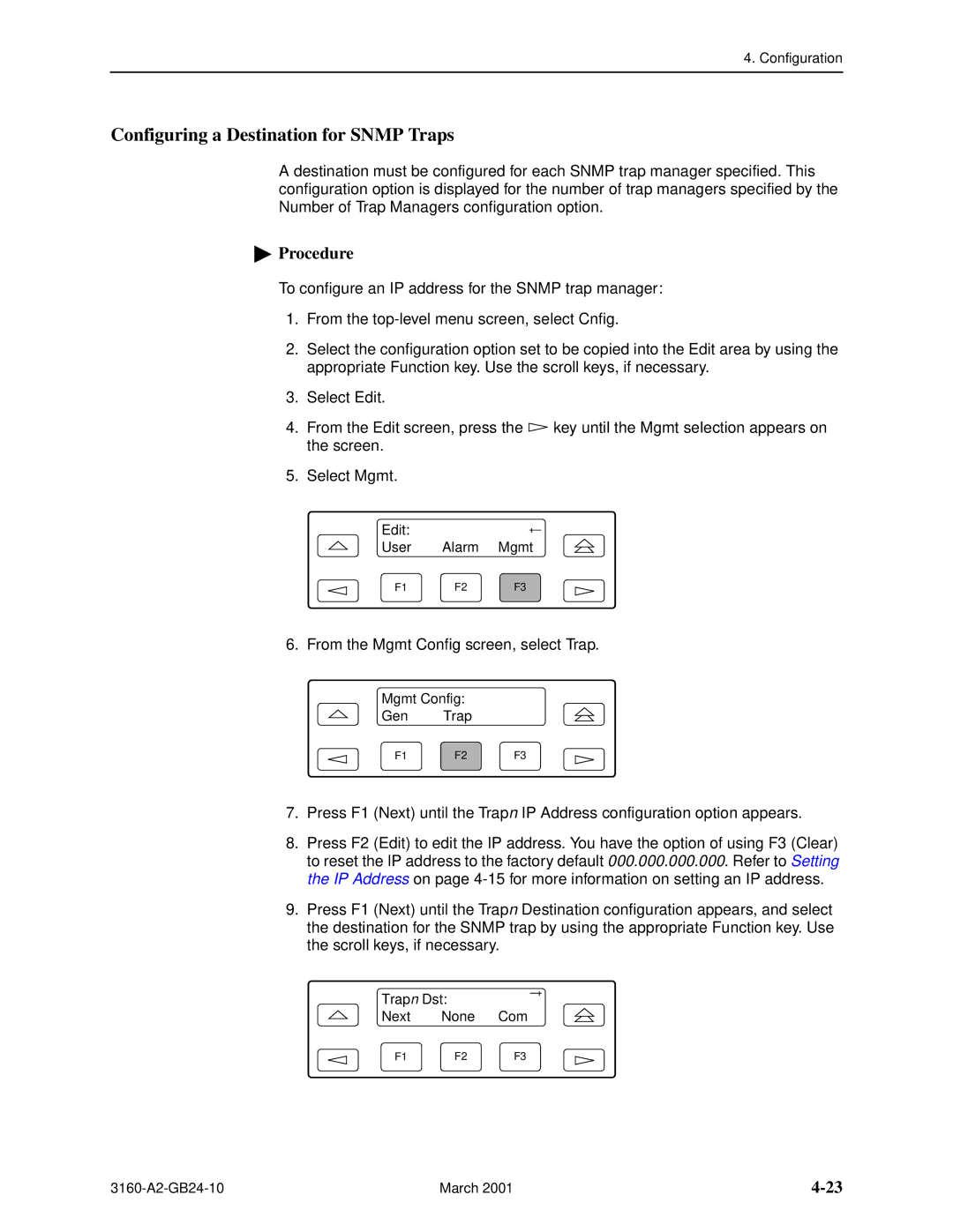 Paradyne 3161, and 3165-A4, 3160-A4 manual Configuring a Destination for Snmp Traps 