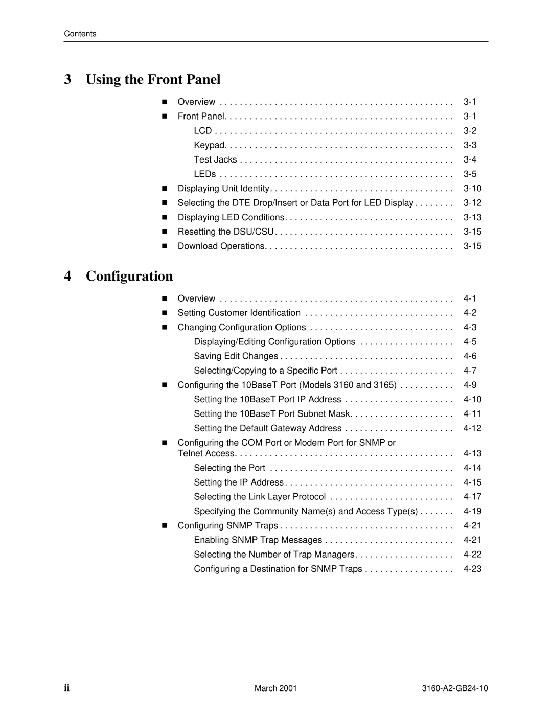 Paradyne 3161, and 3165-A4, 3160-A4 manual Using the Front Panel, Configuration, March 