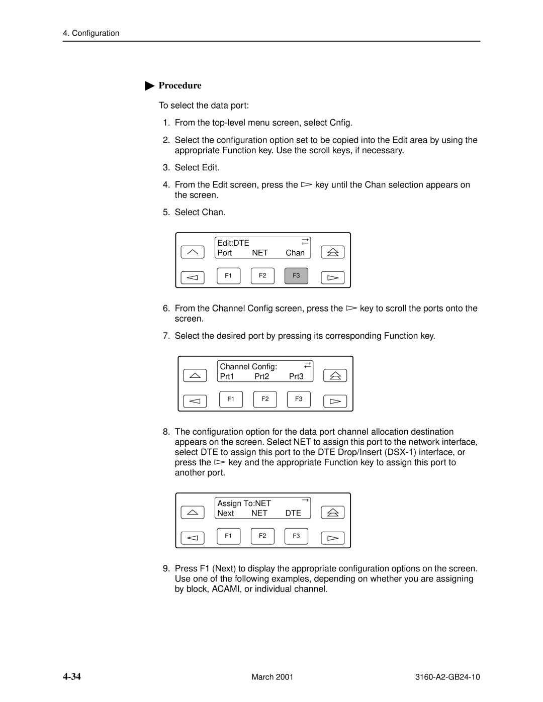 Paradyne 3160-A4, and 3165-A4, 3161 manual EditDTE Port NET Chan 