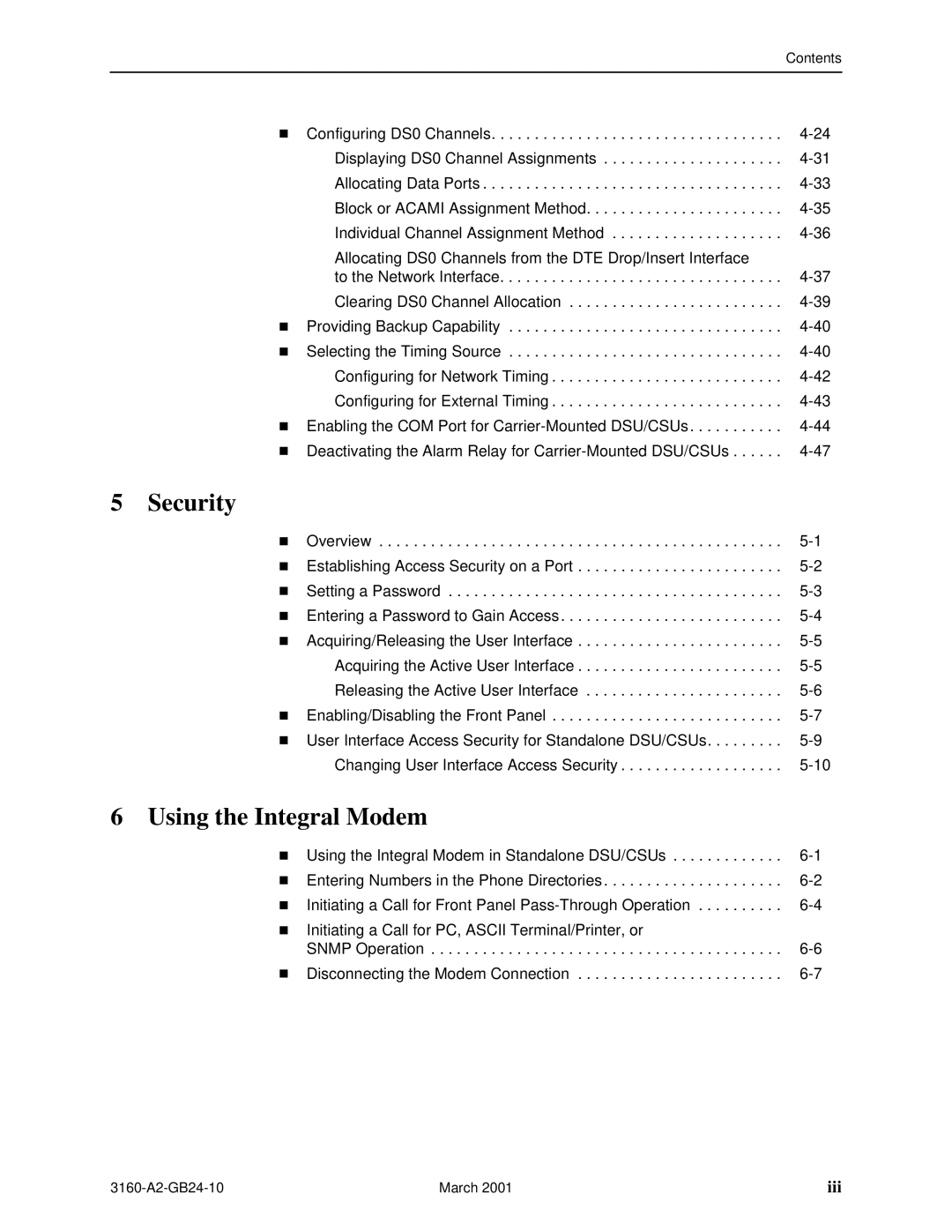 Paradyne and 3165-A4, 3160-A4, 3161 manual Security, Using the Integral Modem 