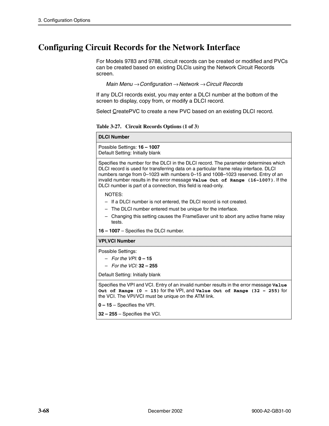 Paradyne and 9820-45M Configuring Circuit Records for the Network Interface, Circuit Records Options 1, VPI,VCI Number 