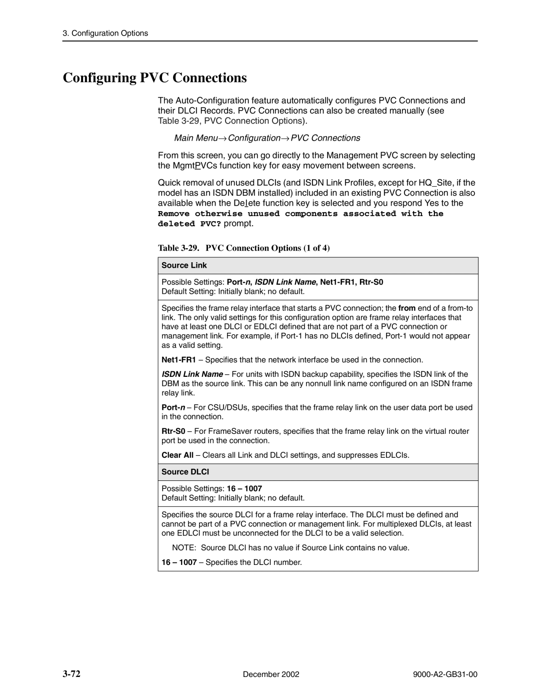 Paradyne 9788 Configuring PVC Connections, Main Menu→ Configuration→PVC Connections, PVC Connection Options 1, Source Dlci 