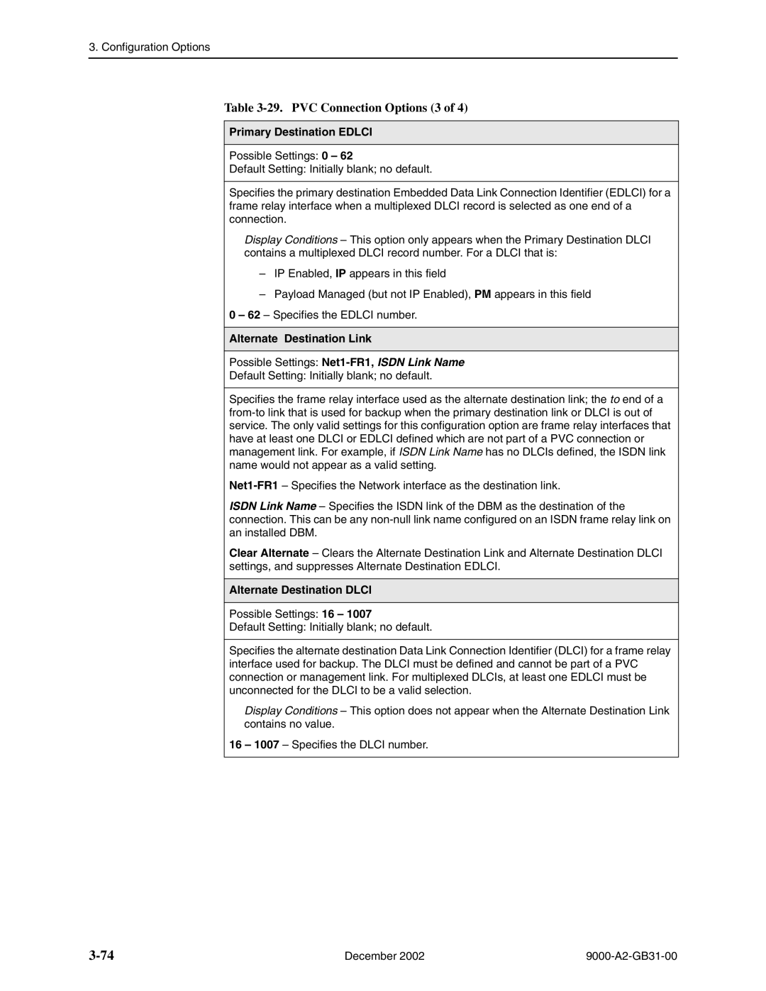 Paradyne 9720 PVC Connection Options 3, Primary Destination Edlci, Alternate Destination Link, Alternate Destination Dlci 